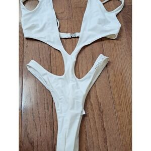 Mugler White Cutout Monokini Swimsuit One Piece Silver Logo Clasp High Leg
